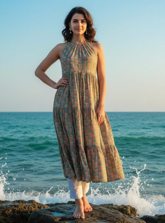Women Readymade Kurta Printed Maxi Dress Indian Long Dress Women Long Kurti  A-Line Kurta XXL Plus Size Kurta Dresses For Women Sleevless Top