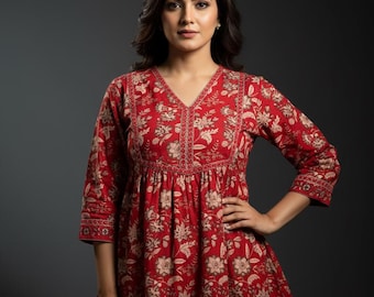Indian Tunics For Women/ Bright Red Printed Straight Summer Tunic Top/ Kurti For Women- Short Kurta Top - Summer Tops Tees XXL,3XL for Women