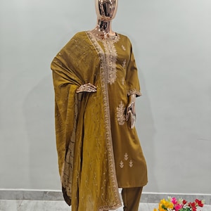 Silk Kurta Sets Women - Mustard Embroidered Kurta With Trousers & Dupatta - Dresses For Women - Party Wear - 3 Piece Set Salwar Kameez