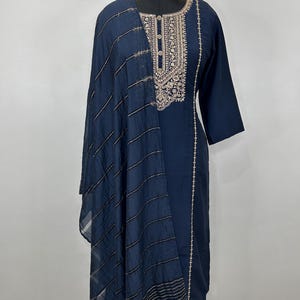 Silk Kurta Sets Women - Dark Blue Embroidered Kurta With Trousers & Dupatta - Dresses For Women - Party Wear - 3 Piece Set Salwar Kameez
