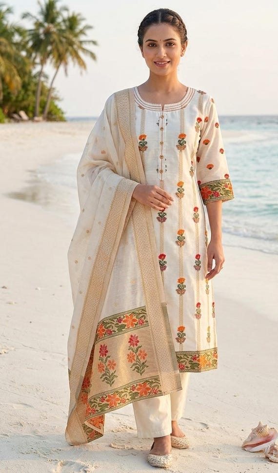 cotton dress set women Kurta Kurta With Trousers & Dupatta Salwar Kameez Set Pakistani Suit XXL Plus Size Kurta Indian Kurtis for 3piece Set Size:child-10 flower-girl shaped in a slim Khloé Kardashian Shimmers in Cotton night dress