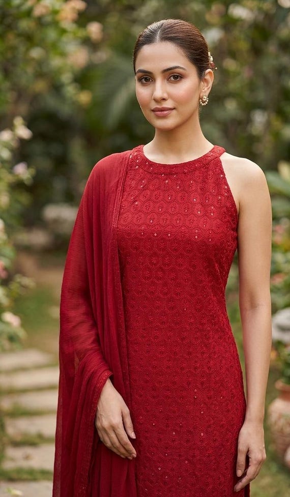 is kurta a formal dress Sleeveless Party Wear For Women - Red Coloured Kurta With Trousers & With Dupatta - Salwar Kameez Set - Pakistani Suit dark green bridesmaid dress