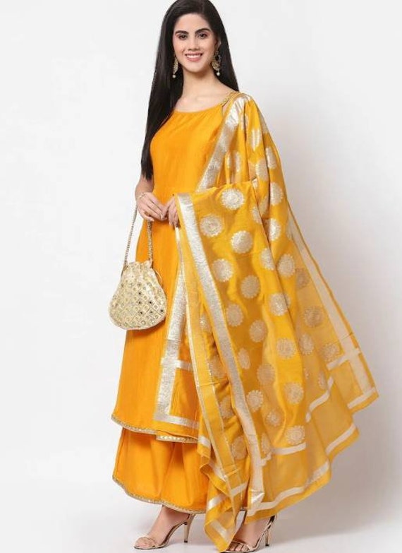 Yellow Cotton A-line Kurti With Ankle Length Palazzo