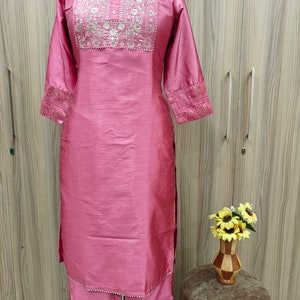 Pink Silk Kurta Set Kurta with Trouser & Dupatta Salwar Kamez Set Pakistani Suit XXL Plus Size Kurta Indian Dress Kurti for Women 3Piece Set image 6