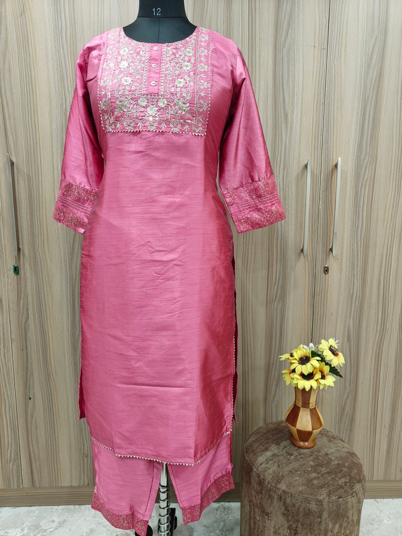 Pink Silk Kurta Set Kurta with Trouser & Dupatta Salwar Kamez Set Pakistani Suit XXL Plus Size Kurta Indian Dress Kurti for Women 3Piece Set image 6