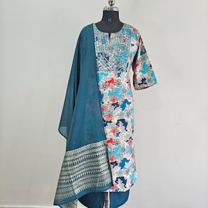 Silk Kurta Set For Plus Size Women - Silk Embroidered Blue Kurta With Trouser & Dupatta - XXL to 6XL Party Wear Salwar Kameez - Kurta Pant