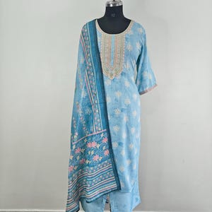 5XL Light Blue Silk Plus Size Kurta Trouse Set - XXL to 6XL - Embroidery Kurta Trouser With Dupatta -Indian Festive & Wedding Wear For Women