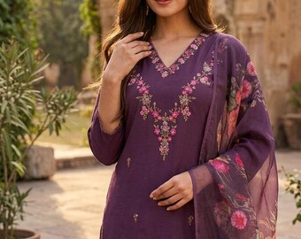 Silk Kurta Set Kurta with Trousers & Dupatta Salwar Kameez Set Pakistani Suit XXL Plus Size Kurta Indian Dress Kurtis for Women 3Piece Set