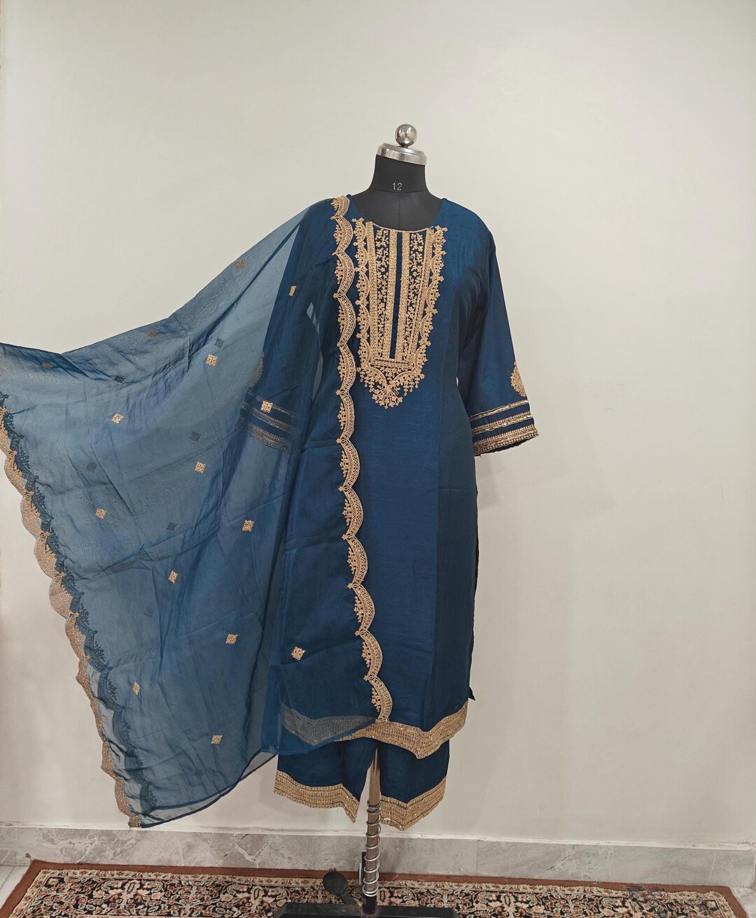 Teal Blue Silk Velvet Embroidered Kurta with Pant main image 1