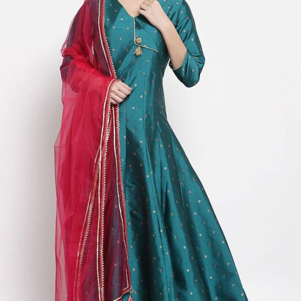 Green & Red Ethnic Motifs Ethnic Anarkali Dress With Dupatta - Party Wear Set - Indian Dress - Salwar Kameez Set - Ethnic Wear - Maxi Dress.