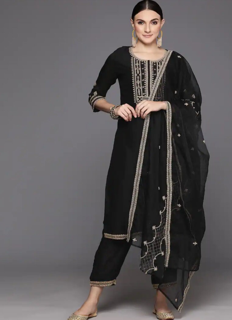 Plus Size Zari Embroidered Black Pakistani Designer Trouser Suit LSTV113316