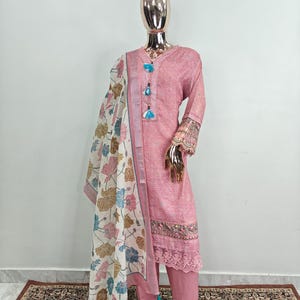 Cotton Kurta Sets Women - Pink Printed Kurta Trouser & Dupatta/Dresses For Women - Indian Party Wear - 3 Piece Set/ Pakistani Salwar Kameez