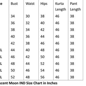 May include: Size chart for women's clothing in inches, showing bust, waist, hips, kurta length, and pant length measurements for sizes XS to 6XL.
