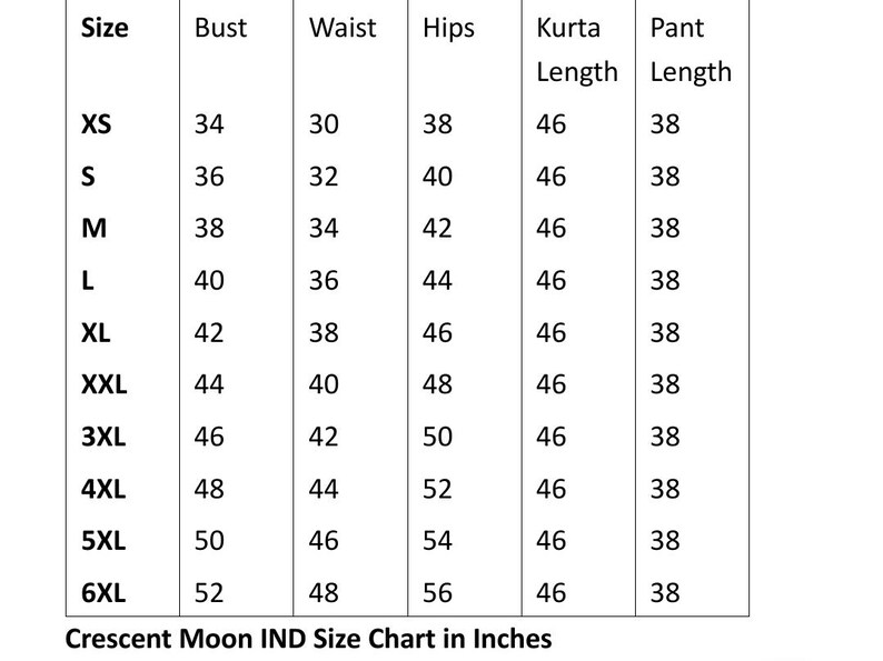 May include: Size chart for women's clothing in inches, showing bust, waist, hips, kurta length, and pant length measurements for sizes XS to 6XL.