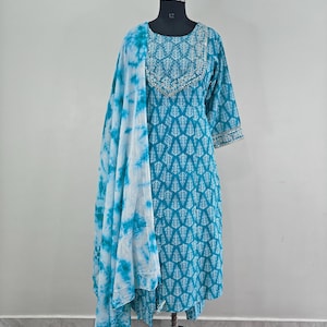 Pure Cotton XXL 3XL 4XL 5XL 6XL Indian Party Wear Kurta Set - Blue  Embroidered Salwar Kameez Dupatta - Indian Guest Dress For Women - Dress