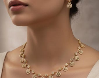 Colar antigo em ouro, colar indiano, conjunto de colar em ouro de um grama, joias indianas, joias de templo, presente para ela, colar de casamento, festa