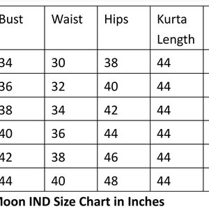 May include: A size chart from Crescent Moon IND, displaying measurements in inches. The chart includes sizes XS to XXL, with corresponding bust, waist, hips, kurta length, and pant length measurements. The chart is designed to help customers find the right fit.
