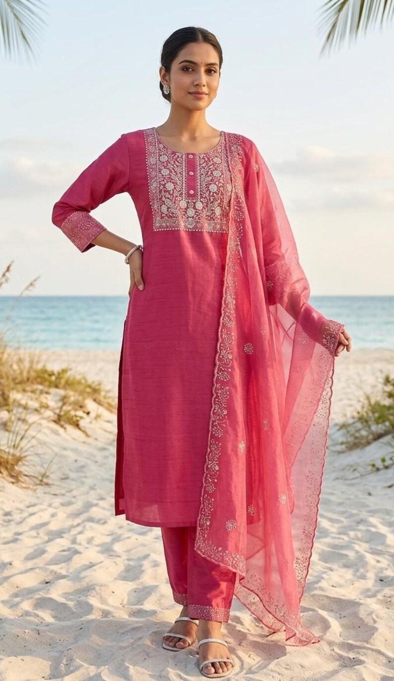 May include: A magenta-colored Indian salwar kameez ensemble. The outfit includes a long-sleeved tunic with embroidered detailing, matching pants, and a sheer dupatta. The outfit is worn on a sandy beach with the ocean in the background.