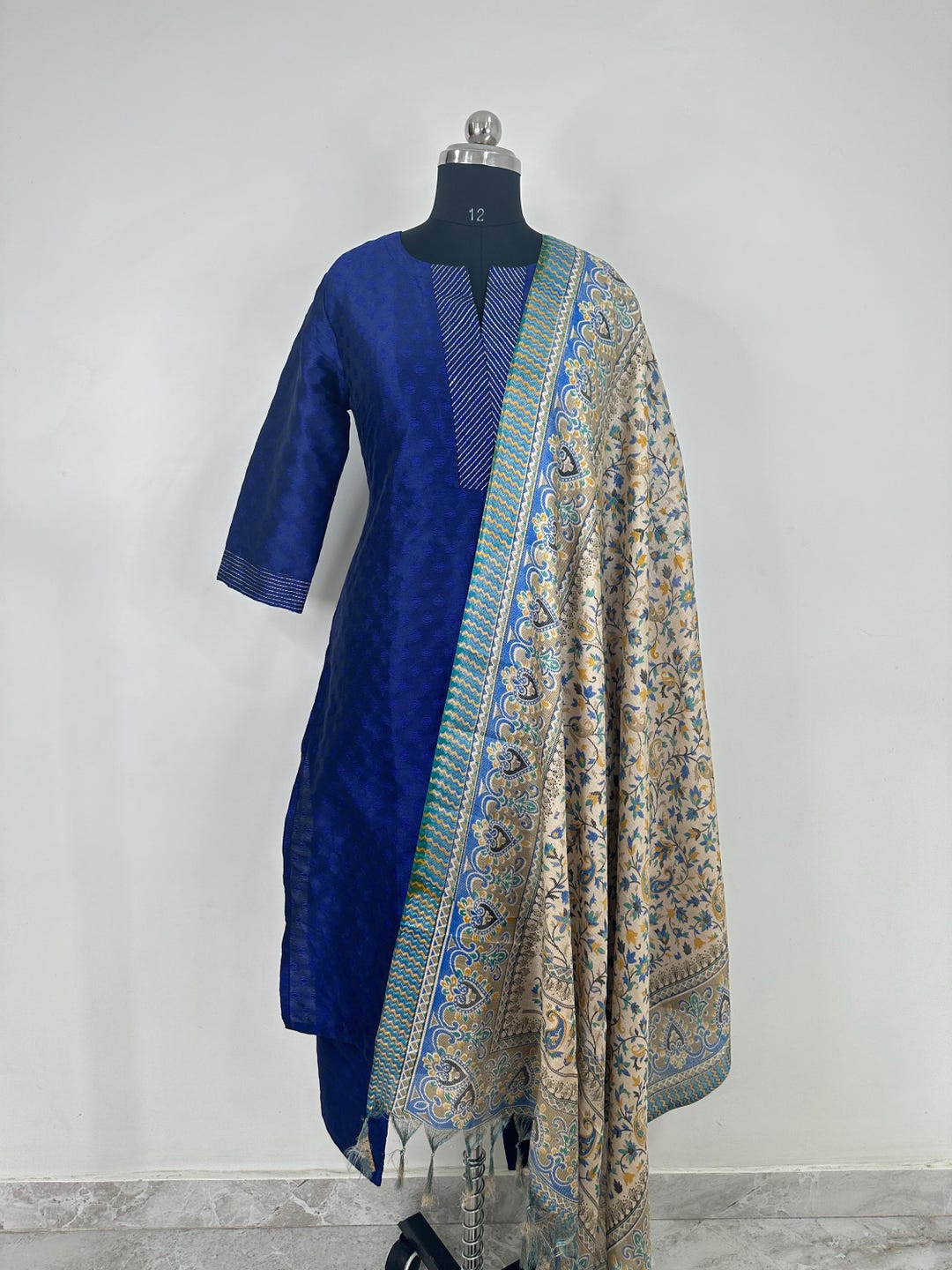 Russian Silk Jacquard Kurta Pant Dupatta Set with Chinon Dupatta – Plus Sizes XL to 3XL main image 1