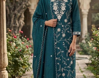 Silk Kurta Sets Women - Teal Green Embroidery Kurta With Trouser & Dupatta -Indian Party Wear - 3 Piece Set /Salwar Kameez - Pakistani Suit