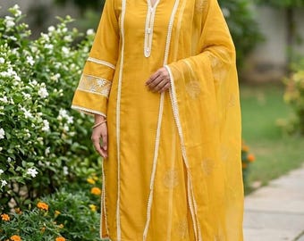 Cotton Kurta Sets Women - Yellow Pakistani Kurta With Trouser & Dupatta - Dresses For Women - Indian Party Wear - 3 Piece Set Salwar Kameez