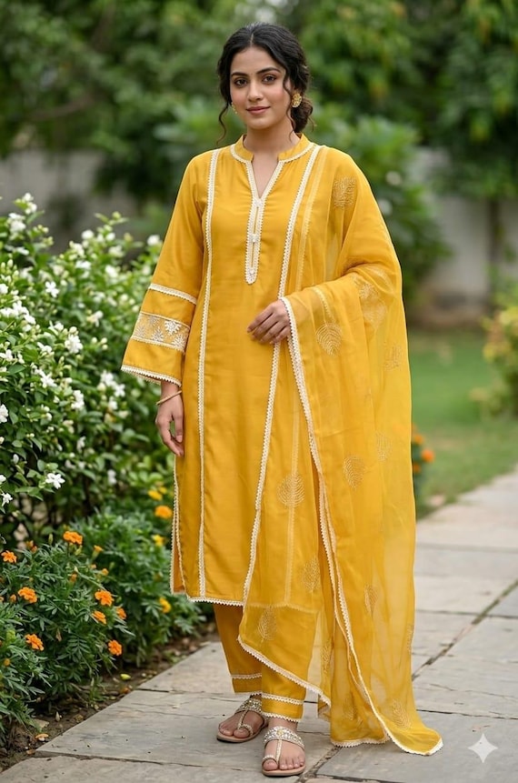 cotton dresses with dupatta women Cotton Kurta Sets Women - Yellow Pakistani Kurta With Trouser & Dupatta -  Dresses for Women - Indian Party Wear - 3 Piece Set Salwar Kameez