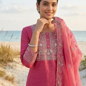 Pink Silk Kurta Set Kurta with Trouser & Dupatta Salwar Kamez Set Pakistani Suit XXL Plus Size Kurta Indian Dress Kurti for Women 3Piece Set image 2