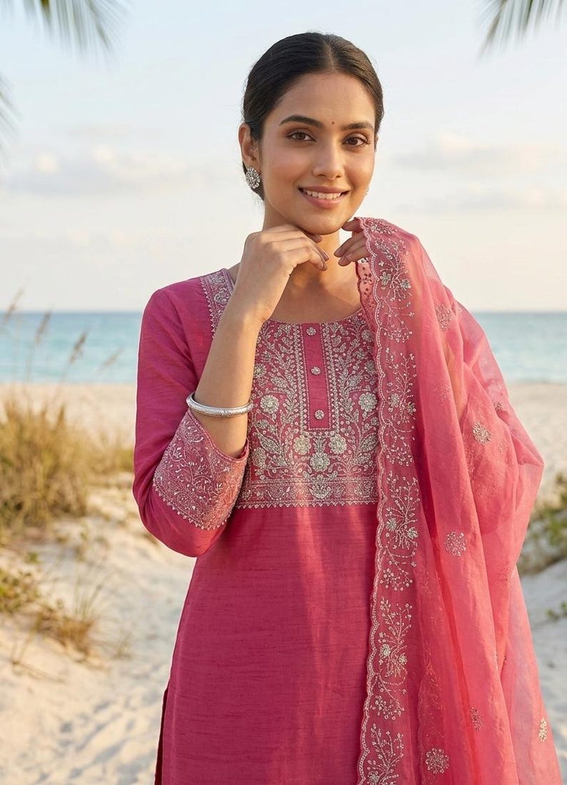 Pink Silk Kurta Set Kurta with Trouser & Dupatta Salwar Kamez Set Pakistani Suit XXL Plus Size Kurta Indian Dress Kurti for Women 3Piece Set image 2