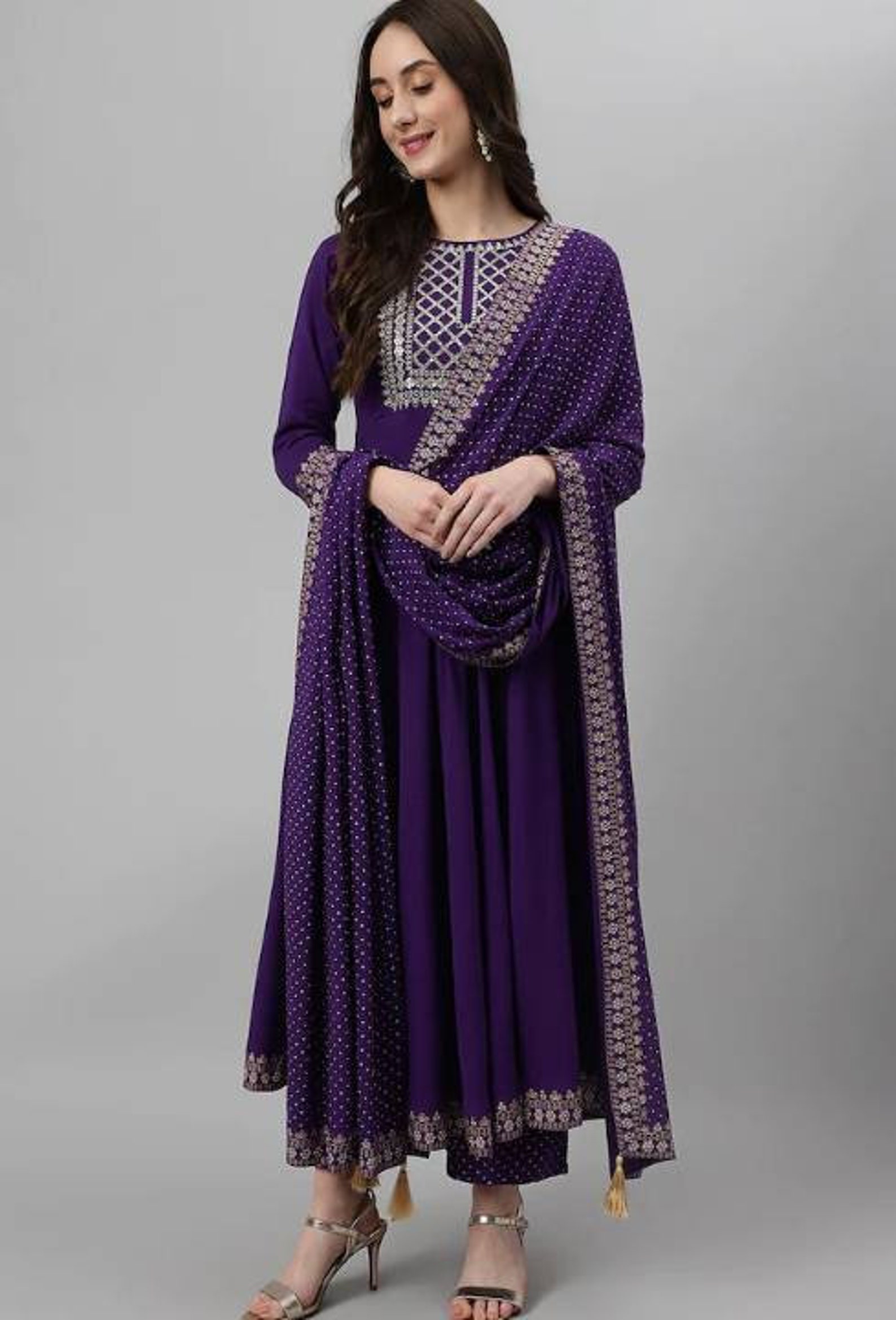 Purple Solid Anarkali Long Sleeves Cotton Kurtas