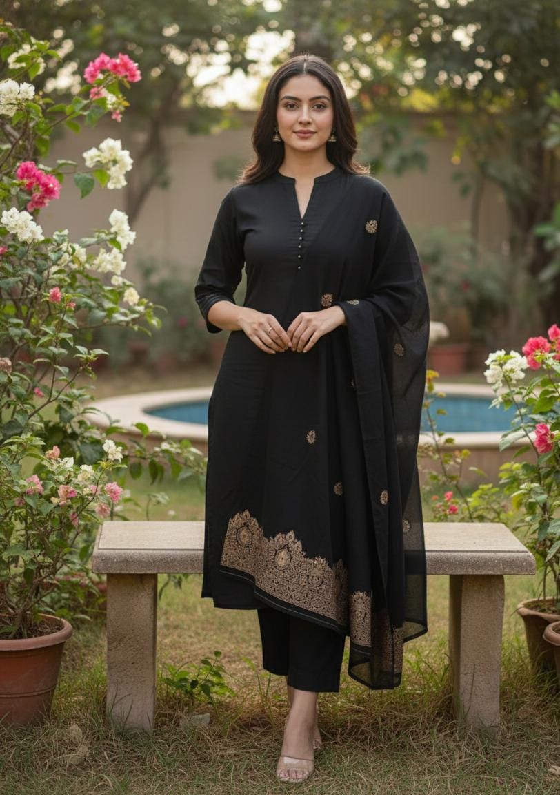 3XL,4XL,5XL Women Cotton Plus Size Kurta - Salwar Kameez Dupatta Set - Summer Kurta Set For Women - Indian Party Wear/ Black Kurta Palazzo