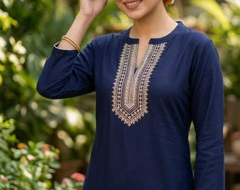 Women Blue Tunic Kurta - Embroidery Short Kurti - Indian Short Kurti/ T-shirt For Women - Cotton Casual Wear/ Women Short Dress - Kurtis Top