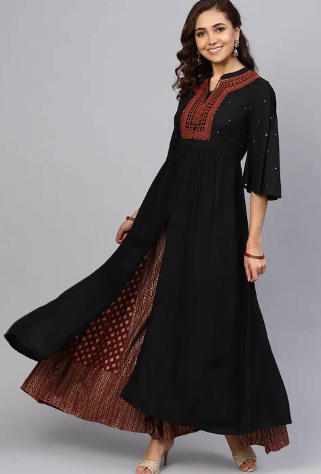 Bimba Women's Blue Anarkali Kurti - Long Flared Rayon Kurta With 3/4 Sleeves (Custom Sizing Available)