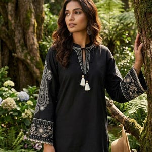 long dress kurta Nilsa Hand Embroidered Pure Soft Cotton Long Tunic Kurta Dress: Made t Ayurvastram