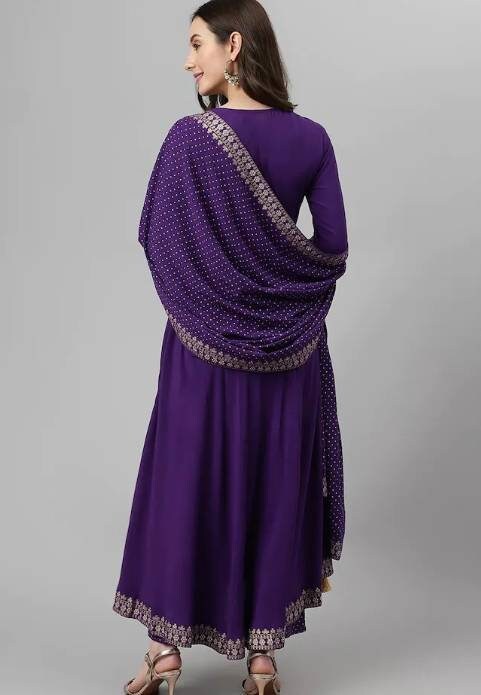 Purple Printed Anarkali Kurta Set With Dupatta For Women