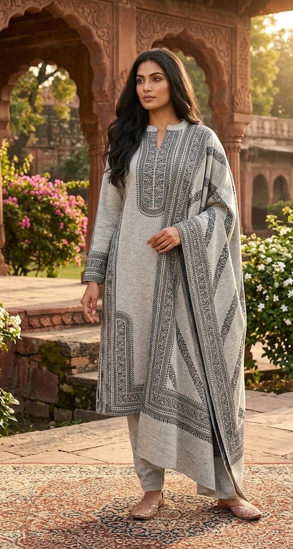 グレーのウールクルタ、ズボン、ドゥパッタ付き - インドの冬服 