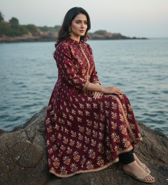 Gown for Women Maroon & Golden Design Anarkali Kurta With Dupatta - Indian Dress - Party Wear - Salwar Kameez - Pakistani Suit/indian Dress