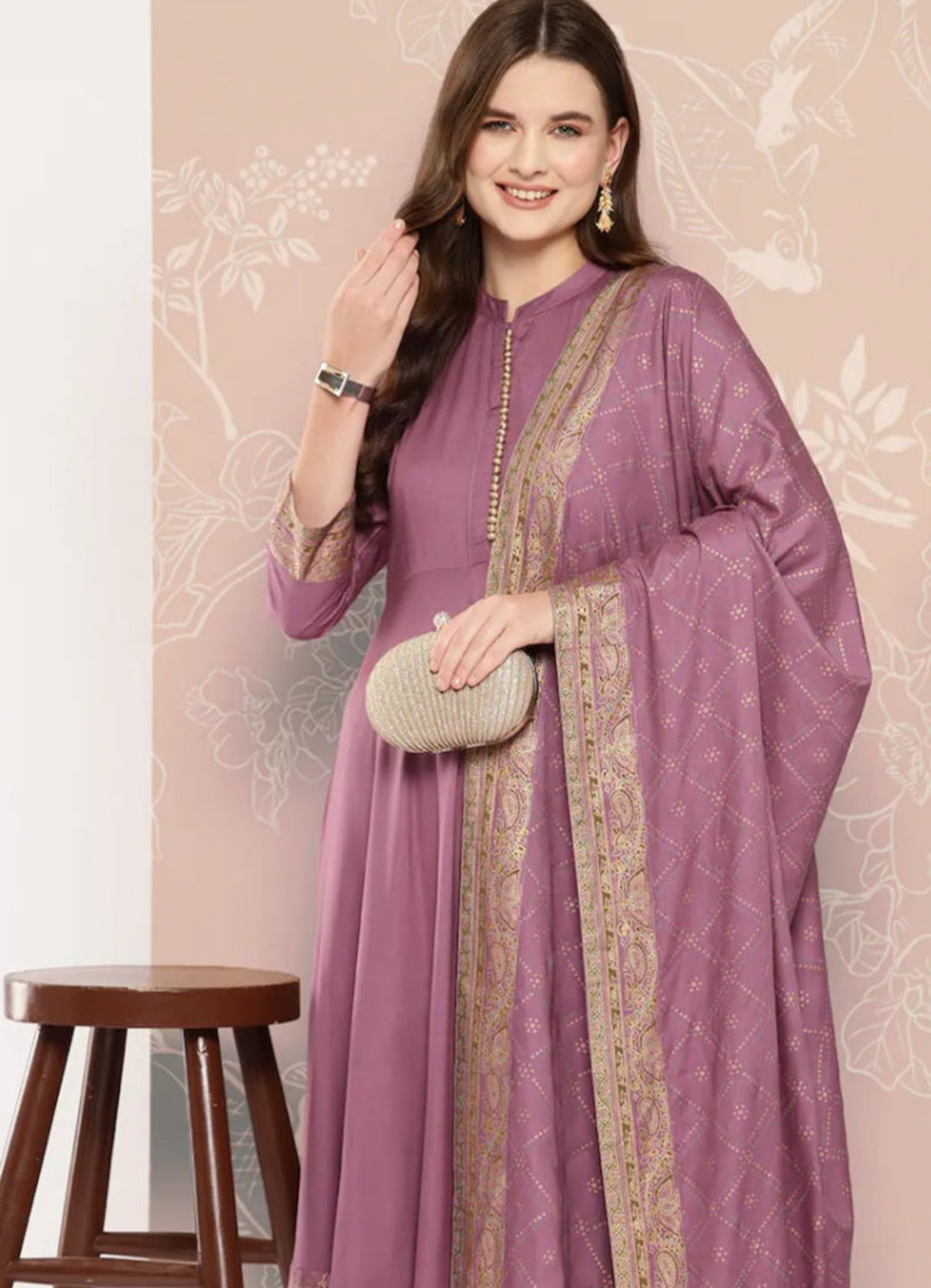 Pink Ethnic motifs Anarkali Kurta Trousers Dupatta Set