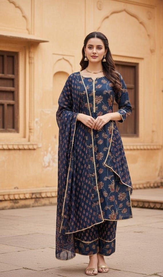 Indian Dress For Women - Blue Printed Ethnic Motifs Embroidered Kurta With Trousers & Dupatta - Salwar Kameez Set