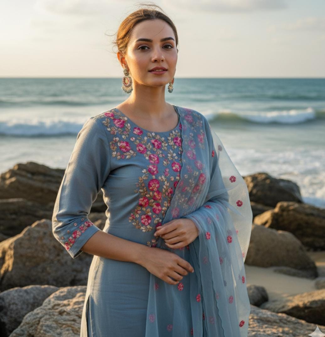 ash blue color combination dress Safiyaa - Dara Blue Ash Long Dress FR40 - US8