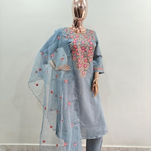 Pakistani Lawn - Ash Blue Embroidered Kurta With Trouser & Dupatta - Dresses For Women / Indian Party Wear - 3 Piece Set/ Designer Kurta Set