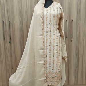 Silk Kurta Sets Women - Beige Woven Design Kurta Trousers With Dupatta - Dresses For Women - Party Wear - 3 Piece Set Salwar Kameez Indian