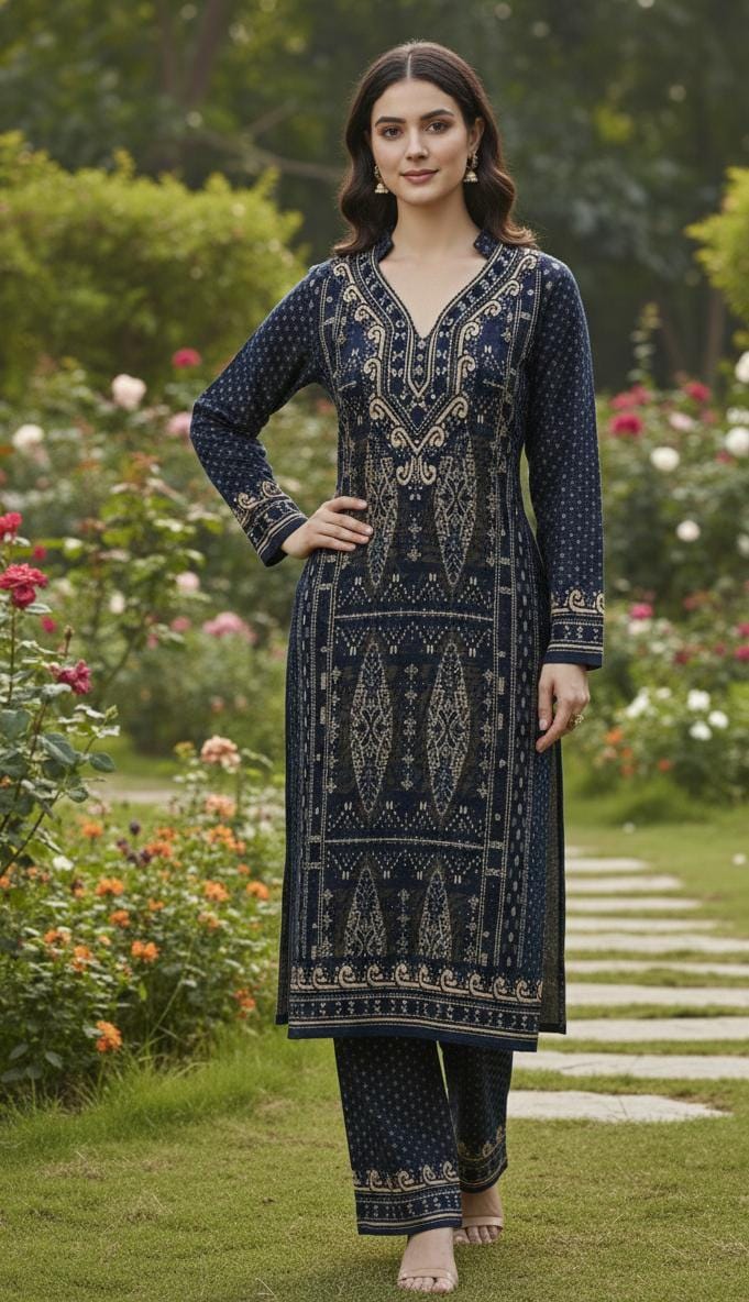 Blue Golden Kashmiri Kurta /Woolen Kurta with Trousers - Indian Winter Woolen Kurta /Woven Knitted Woolen Salwar Kameez - Women Winter Wear