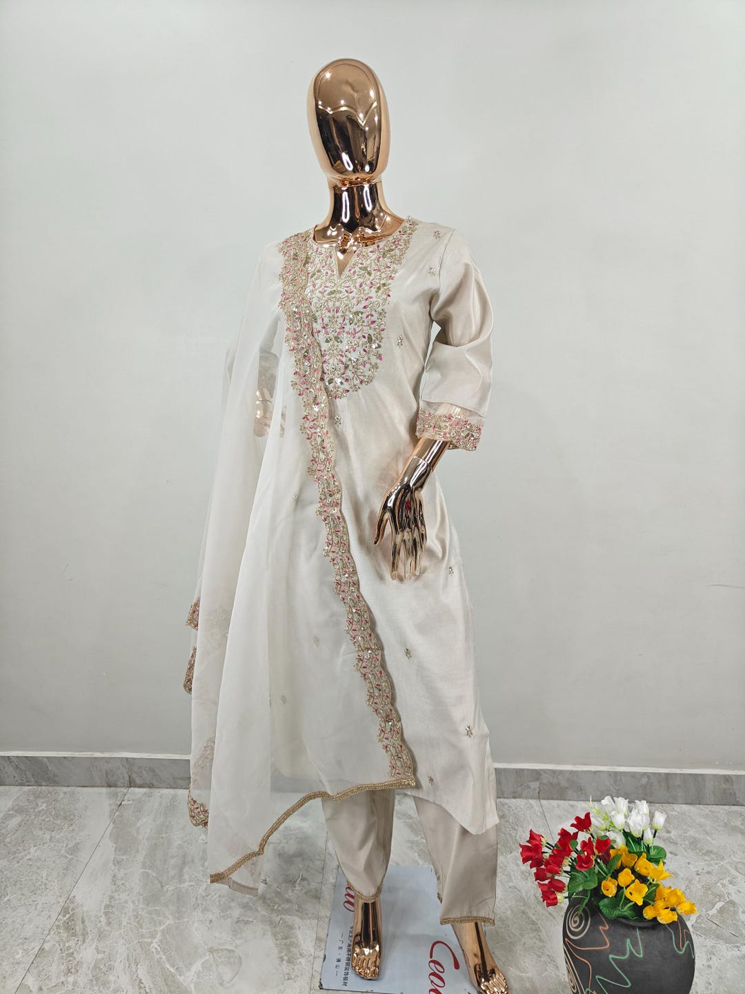 Beige Zari Work Kurta Set Party Wear Pakistani Suit/ Salwar