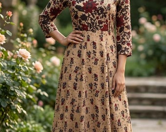 Beige Anarkali Kurta For Women - Beige Printed Anarkali Kurta - Indian Dress - Ethnic Party Wear Dress
