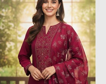 Silk Kurta Set Kurta with Trousers & Dupatta Salwar Kameez Set Pakistani Suit XXL Plus Size Kurta Indian Dress Kurtis for Women 3 Piece Set