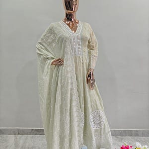 Green Anarkali Kurta Set - Indian Long Dress + Ethnic Motifs Embroidered Sequined Kurta with Palazzos & Dupatta.XL,XXL
