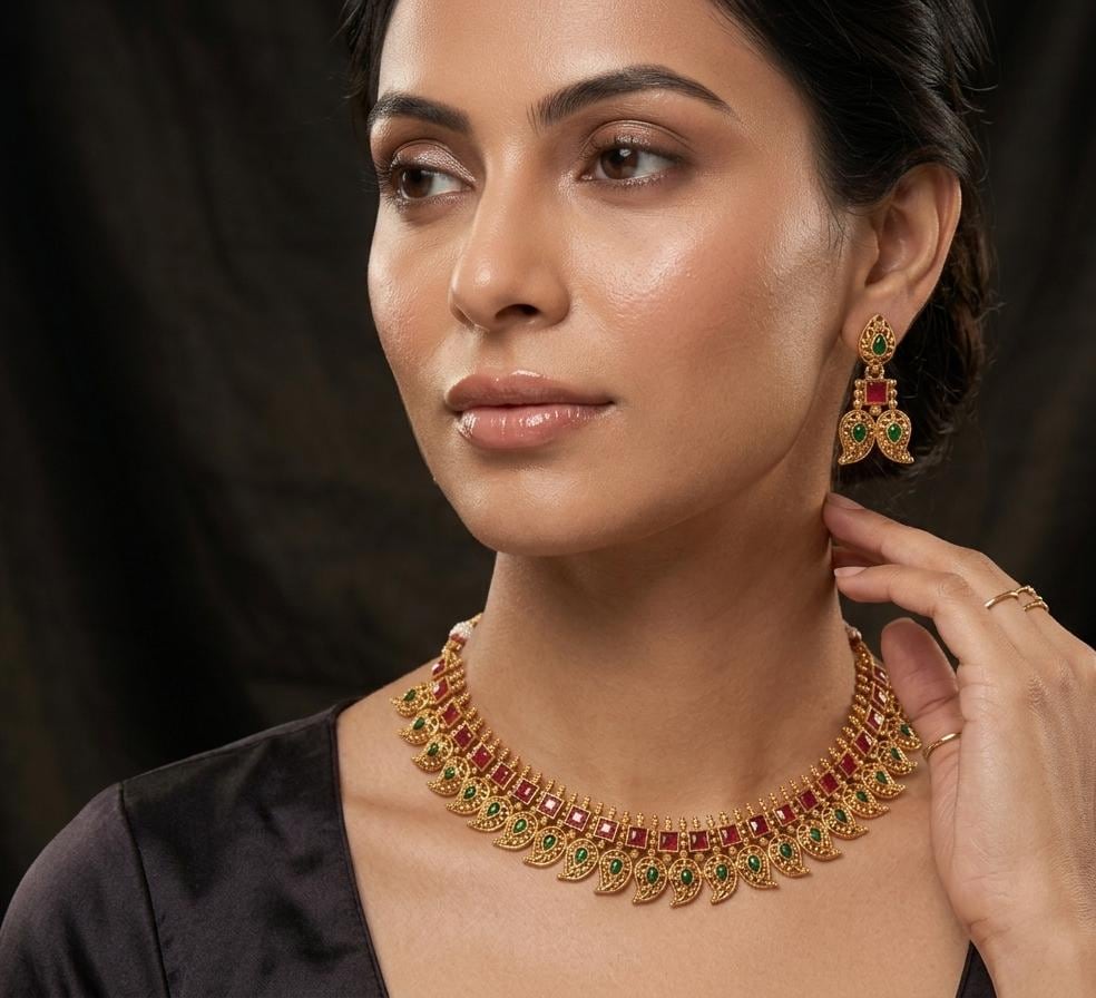 Indian Meenakshi Choacker Set, Indian Necklace, One Gram Gold Necklace Set, Indian Jewelry, Temple Jewelry, Gift For Her, Wedding Necklace,