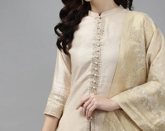 Russian Silk Jacquard Kurta Pant Dupatta Set with Chinon Dupatta – Plus Sizes XL to 3XL