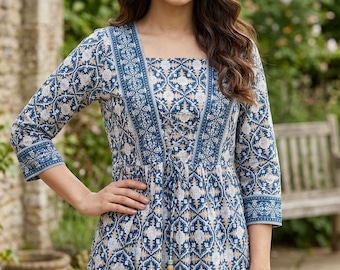 Pure Cotton Tunic Tops For Women - Blue & Cream Printed Top - Short Kurta - Kurtis For Women - Summer Tops Tees Blouse Plus Size Boho Tops