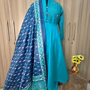Silk Kurta Sets Women - Turquoise Blue Kurta With Trousers & Dupatta - Indian Ethnic Wear - Party Wear - Kurti Dress Salwar Kameez